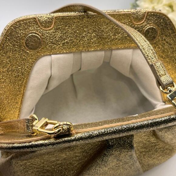 Themoire GEA TIA LAMINATED Metallic GOLD Vegan Leather Ruched CLUTCH BAG‎ - Picture 4 of 8